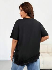 Shapeblank Plus Size Women's Spring/Summer Fashion Casual Loose Elastic Comfortable Daily Basic Versatile Slimming Lace Trim Patchwork Asymmetrical Hem Short Sleeve Black T-Shirt, Outing Top, Vacation, Minimalist Style, Lace Top - Black - View 4