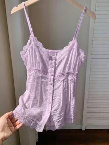 Comfortcana Áo blouse nữ dây mảnh cài nút viền ren xếp ly - Màu tím hoa cà - Xem 9