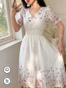 Modelyn V-Neck Waist-Defining Bubble Sleeve Printed Flared Dress, Fashionable For Spring/Summer Tea Party Vacation Off White Floral Elegant - Multicolor - View 9