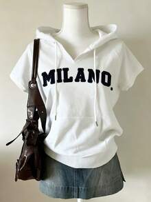 Lalippa Women's Casual Drawstring Hooded Short Sleeve T-Shirt - White - View 1