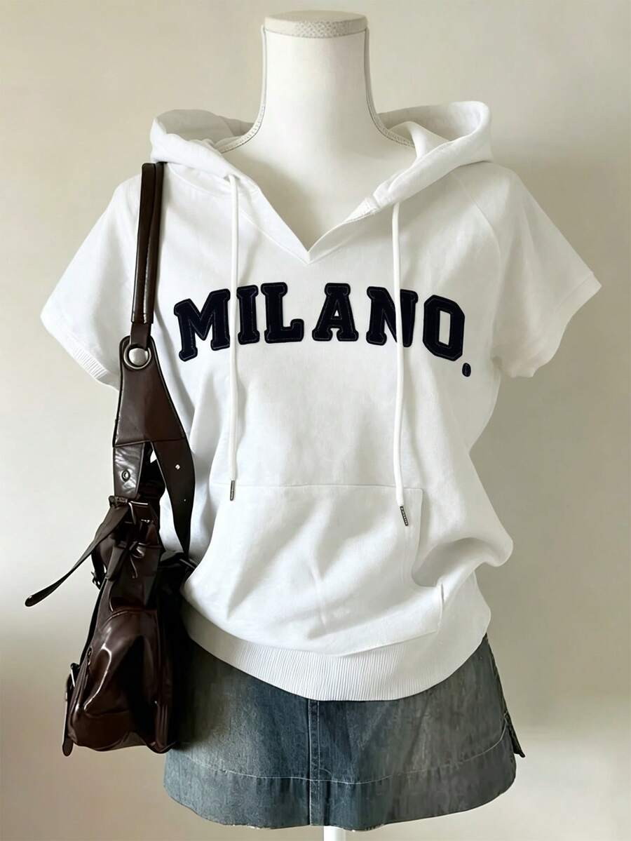 Lalippa Women's Casual Drawstring Hooded Short Sleeve T-Shirt - White - View 1