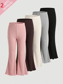 [2 Sets Randomly Sent]Girls Toddler Spring/Autumn Ribbed Flared Pants, High Waist Ruffle Hem Bell Bottom Long Pants, Soft Skin-Friendly Stretchy Slim Fit Children's Leggings, Multi-Color Randomly Sent, Versatile Casual Pants, Korean Minimalist Style Baby Snug Fit And Height-Enhancing Pants - Multicolor - View 4