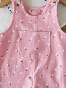 SHEIN Vintaside Kids 女嬰秋季森系花卉吊帶褲，粉色燈芯絨面料配白色花朵印花，寬鬆直筒版型，城市度假派對可愛風 - 粉色 - 查看 4