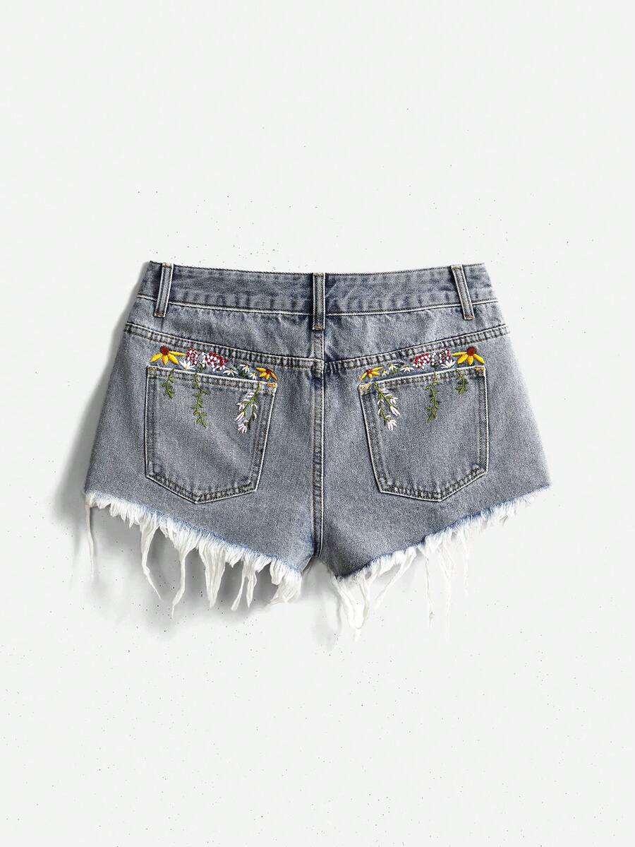 ROMWE Summer Vacation Daisy Floral Embroidered Distressed Denim Shorts - Grey - View 1