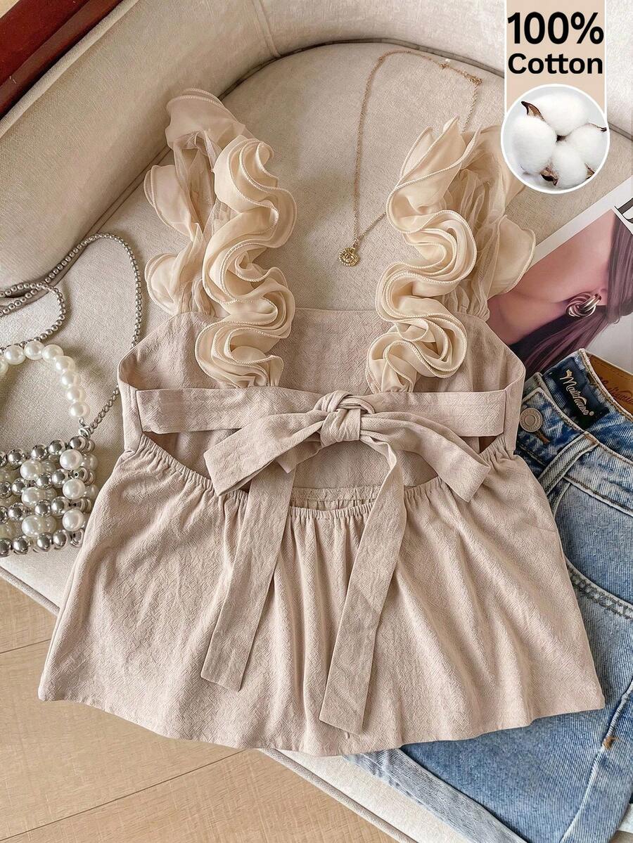 Muvela Summer Casual Ruffle Tie-Up Backless Camisole,Summer Top - Apricot - View 1