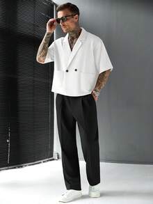 SLATEMANN 男士舒適純色短袖襯衫，極簡大領口配兩顆鈕扣，適合正式或休閒場合、休閒度假、聚會、極簡辦公室、休閒居家穿著，百搭風格，適合自用或送給朋友的禮物，熱銷舒適面料襯衫 - 白色 - 查看 6