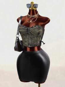 SHEIN Women's Summer Sexy Criss-Cross Tie Straps Cropped Tube Denim Top Club Night Green - Black - View 6