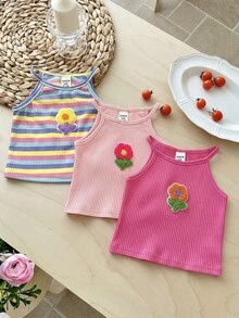 SHEIN LMoss Kids Baby Girl 3pcs Set Knit Solid Color 3D Flower Patchwork Striped Pullover - Watermelon Pink - View 6