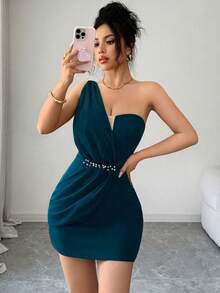 Elenzga 不對稱布料拼接水鑽裝飾貼身優雅浪漫精緻女款抓皺晚禮服派對洋裝 - 水鴨藍 - 查看 7