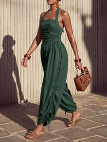 Zivah Jumpsuit Wanita Warna Polos untuk Liburan, Model Liburan, dengan Lipit di Bagian Bawah, Tali Serut, dan Leher Halter. - Hijau Tentara - View 7