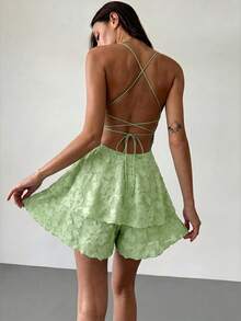 Aloruh Mono de mujer con tirantes finos, plisado, volantes en el bajo y recortes de moda - Verde Oliva - Ver 6