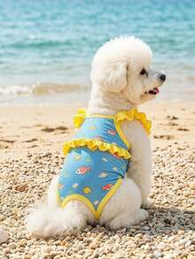 PETSIN Pet Swimsuit, Ruffled One-Piece Pet Bathing Suit With Cute Sea Fish Print, Quick Dry Puppy Swimwear For Small Dogs & Cats, Summer Beach Pool Outfit - Blue - View 1