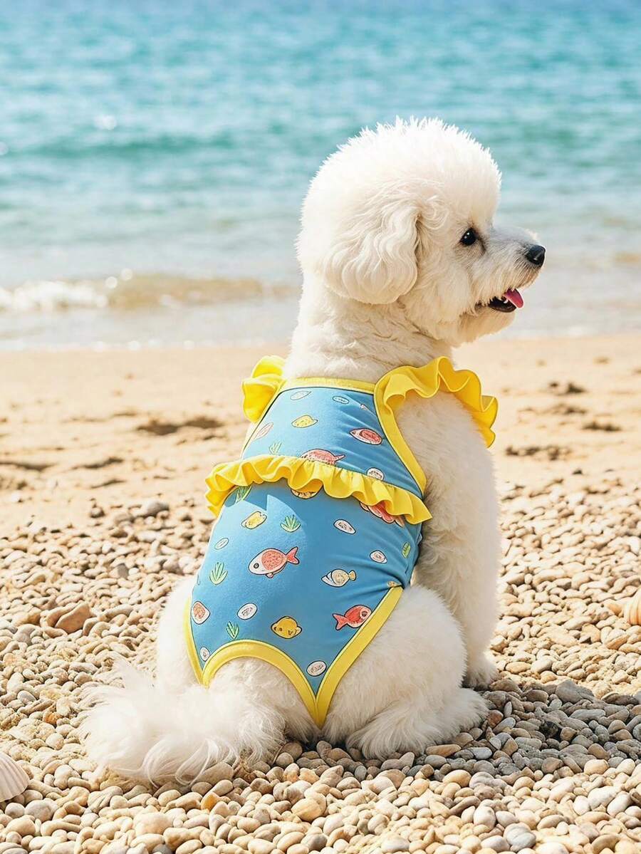 PETSIN Pet Swimsuit, Ruffled One-Piece Pet Bathing Suit With Cute Sea Fish Print, Quick Dry Puppy Swimwear For Small Dogs & Cats, Summer Beach Pool Outfit - Blue - View 1