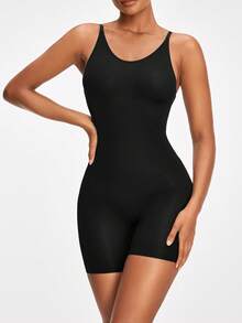 SHAPORA Women's Solid Color Bodycon Romper With Spaghetti Strap - Black - View 4