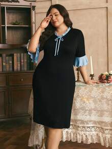 Côtesoire 大尺碼女款法式優雅浪漫極簡對比色中袖長款睡袍 - 黑色 - 查看 6