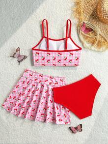 SHEIN 青少年女孩 3 件式泳衣套裝，粉色格紋櫻桃印花，裙式泳衣，適合海灘度假、海灘玩耍、夏季 - 彩色 - 查看 2