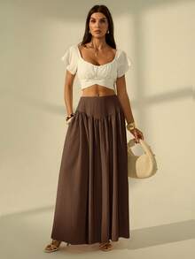 SHEIN Tall Women's Pleated Solid Color Long Skirt, Tall Women - Brown - View 7