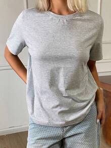 DAZY Women's Casual Solid Color Round Neck Short Sleeve T-Shirt, Summer - Grey - View 5