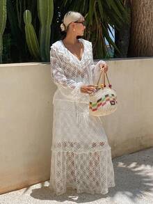Livesso Summer Hollow-Out Style Top And Women's Semi-Transparent Loose Top With Floor-Length Skirt, Vacation Beach Style 2 Pieces Set White Tropical - White - View 3