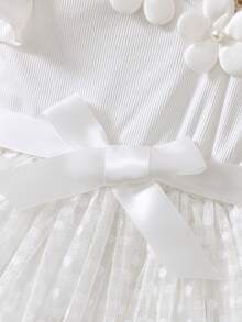 SHEIN Elladie kids 少女新款時尚白色3D珠飾花卉腰部收腰A字洋裝，單件，適合生日派對、聚會、夏季 - 白色 - 查看 5