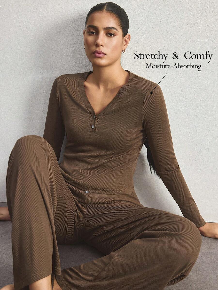 Ocili Set Piyama Atasan Lengan Panjang dan Celana Warna Polos untuk Wanita - Coklat - View 1