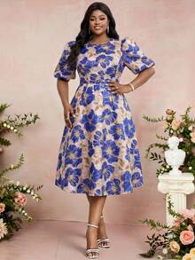 Fleurora Plus Size Elegant Blue Floral Jacquard Dress For Women,Beige Summer Wedding Guest Party Brocade Petal Puff Sleeve French Style Tea Dress - Multicolor - View 4