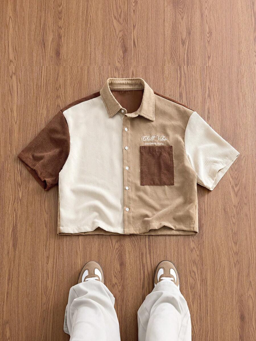 SWAVVY Men's Spring/Summer Patchwork Corduroy Short Sleeve Shirt - Khaki - View 1