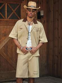 CalleClaro Men's Contrast Color Splice Collar Short Sleeve Shirt Set, Front Button, Summer - Khaki - View 5