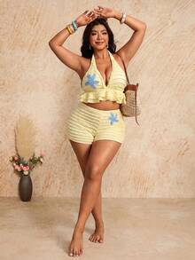 Elaquor Plus Size Women's Summer Beach 3D Starfish Pattern Decor Deep V-Neck Backless Ruched Top And Shorts Tankini Set Bathing Suits For Women - Light Yellow - View 8