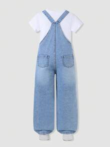 SHEIN Celana Jeans Denim Biru Muda Klasik Model Lurus dan Lebar untuk Remaja Perempuan, Bordir Berbentuk Hati, Kancing Logam, Saku Belakang, Cocok untuk Musim Panas, Sekolah, dan Olahraga. - Light Wash - View 2