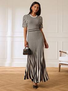 Lilora Women's Elegant Round Neck Striped Knit Dress, High-End Fashion Versatile Elegant Dress, Suitable For Commuting, Daily Casual Outings, Gatherings, Dates, Parties, Leisure, Outings, Holidays, Vacations, Summer, Holiday Travel - Black and White - View 7