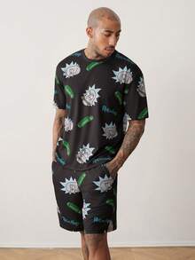 Rick and Morty X SHEIN 男士字母卡通印花短袖上衣與短褲休閒日常居家服套裝 - 黑色 - 查看 4