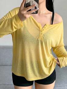 Dazy Plus Solid Color Large Scoop Neck Half-Open Placket Long Sleeve T-Shirt Spring Summer - Yellow - View 5