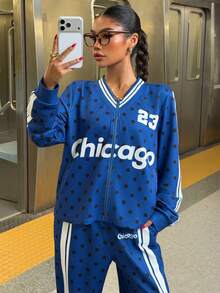 Muchica Conjunto de 2 piezas de chaqueta y pantalones con estampado gráfico de letras, rayas y lunares, cuello en V, casual para mujer, otoño/invierno, conjunto deportivo casual para exteriores para mujer - Azul Marino - Ver 1