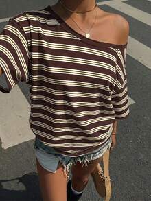 Muchica Casual Minimalist All-Over Print Off-Shoulder Dropped Shoulder Short Sleeve Loose Women's T-Shirt Suitable For Summer - Multicolor - View 1