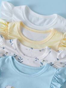 SHEIN Playful Pals 4套幼兒女童可愛休閒花朵櫻桃愛心印花荷葉袖柔軟兩件套夏季上衣短褲套裝 度假海灘穿搭 - 彩色 - 查看 4