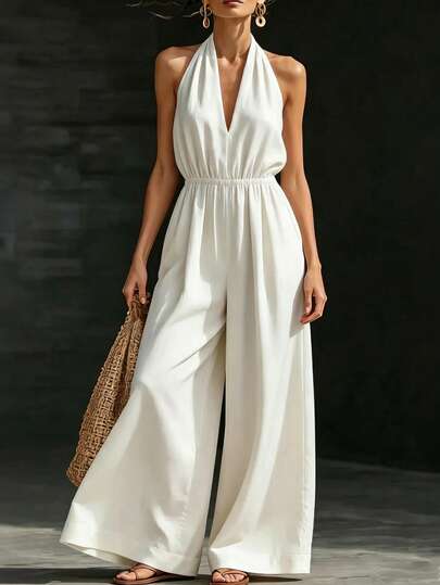 Balvessa Women's Solid Color Deep V-Neck Backless Wide Leg Casual Halter Neck Jumpsuit