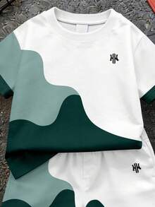 Young Boy Casual Minimalist T-Shirt Set, Classic Handsome Curved Color Block Pattern Print, Exquisite Logo Pattern Print, Suitable For Spring/Summer, Suitable For Outdoor, Suitable For Vacation - Multicolor - View 4