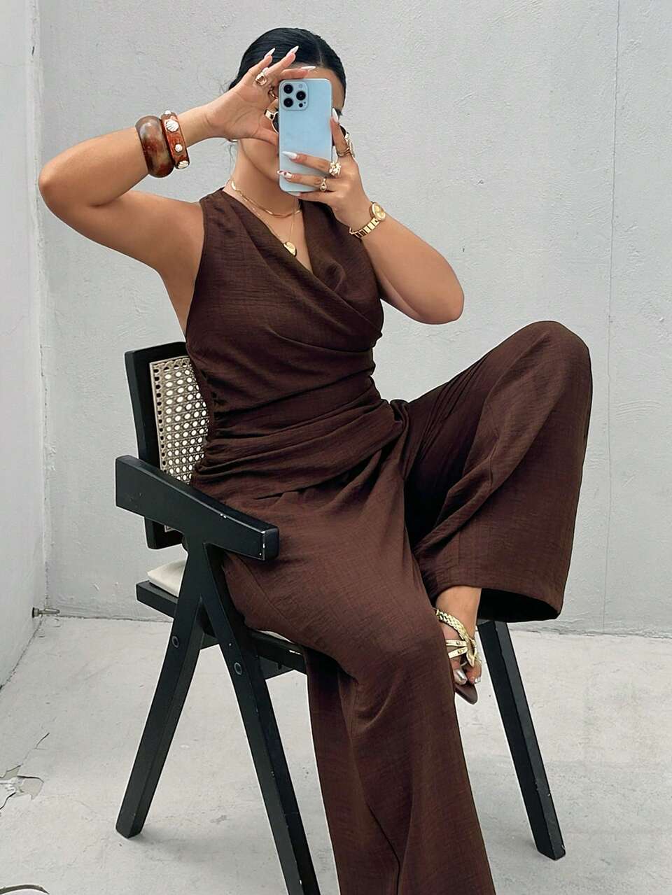 Dazy Plus Plus Size Casual Elegant Sleeveless Wrap Blouse And Straight Leg Pants 2 Pieces Set, Brown, Fun, Commute, Vacation Summer