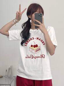 DAZY Women Summer Letter Cherry Printed Round Neck Short Sleeve Casual T-Shirt CREAMCHERRY Honey Cake Cute Tops,Graphic Tees - White - View 3