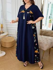 Al Najma Plus Size Women's V-Neck Ruffle Short Sleeve, Mesh Embroidery Patchwork Front Tassel Loose Turkish Dress - Navy Blue - View 7