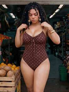 Swim Mod Summer Celestial Printed One-Piece Swimsuit Removable Chest Pads Adjustable Shoulder Straps Sexy Hollow Out Vacation Beach Swimwear Maroon - Brown - View 5