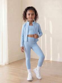 SHEIN 少女時尚休閒藍色三件套，時尚舒適高彈性，適合運動、健身、戶外活動、購物等 - 藍色 - 查看 7