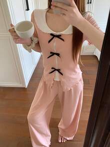 DAZY Women's Bow Decor Short Sleeve Top And Pants Pajama Set - Pink - View 5