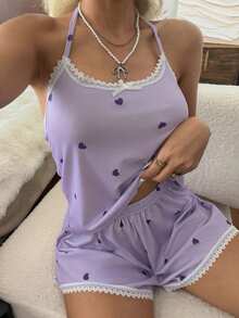 CottageSlumber Conjunto de pijama de camisola y shorts de seda con encaje de tirantes finos y acanalado con estampado de corazones rosa para mujer - Morado - Ver 5