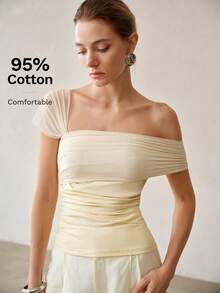 MOTF PREMIUM ASYMMETRIC SHOULDER MESH SEXY WAIST-CINCHING SLIMMING WOMEN'S TOP - Light Yellow - View 5