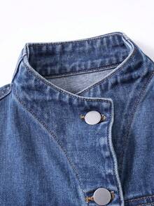 SHEIN Teen Girls Fashion Distressed Denim Jacket, Casual Versatile Denim Jacket Denim Vest, Suitable For School, Campus, University, Daily, Party, Travel, Airport Wear, Suitable For Spring And Summer. - Medium Wash - View 7