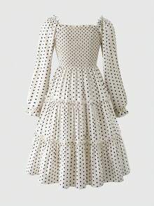 SHEIN 青少年女孩黑色波點長袖黑色洋裝 返校舞會禮服 秋季女童洋裝 - 杏色 - 查看 8