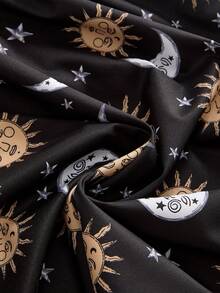 ROMWE Hippie Fairycore Vintage Mori Style Sun Moon Star Print Pattern Square Neck Spaghetti Strap Puff Sleeve Elastic Waist Plus Size Short Dress - Black - View 4