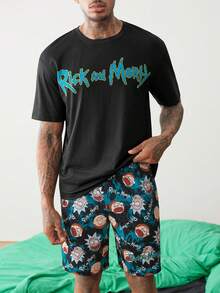 Rick and Morty X SHEIN 男士圓領字母印花短袖上衣與短褲休閒日常居家服套裝 - 黑色 - 查看 4